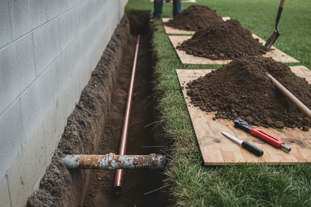 Excavated water line trench during Water Softener Installation in Hope Hull